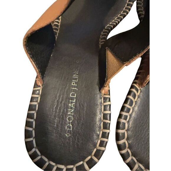 Donald J. Pline Vachetta Heel Wedge Sandal Tan Black Leather Slides Open Toe Wom - Picture 6 of 12